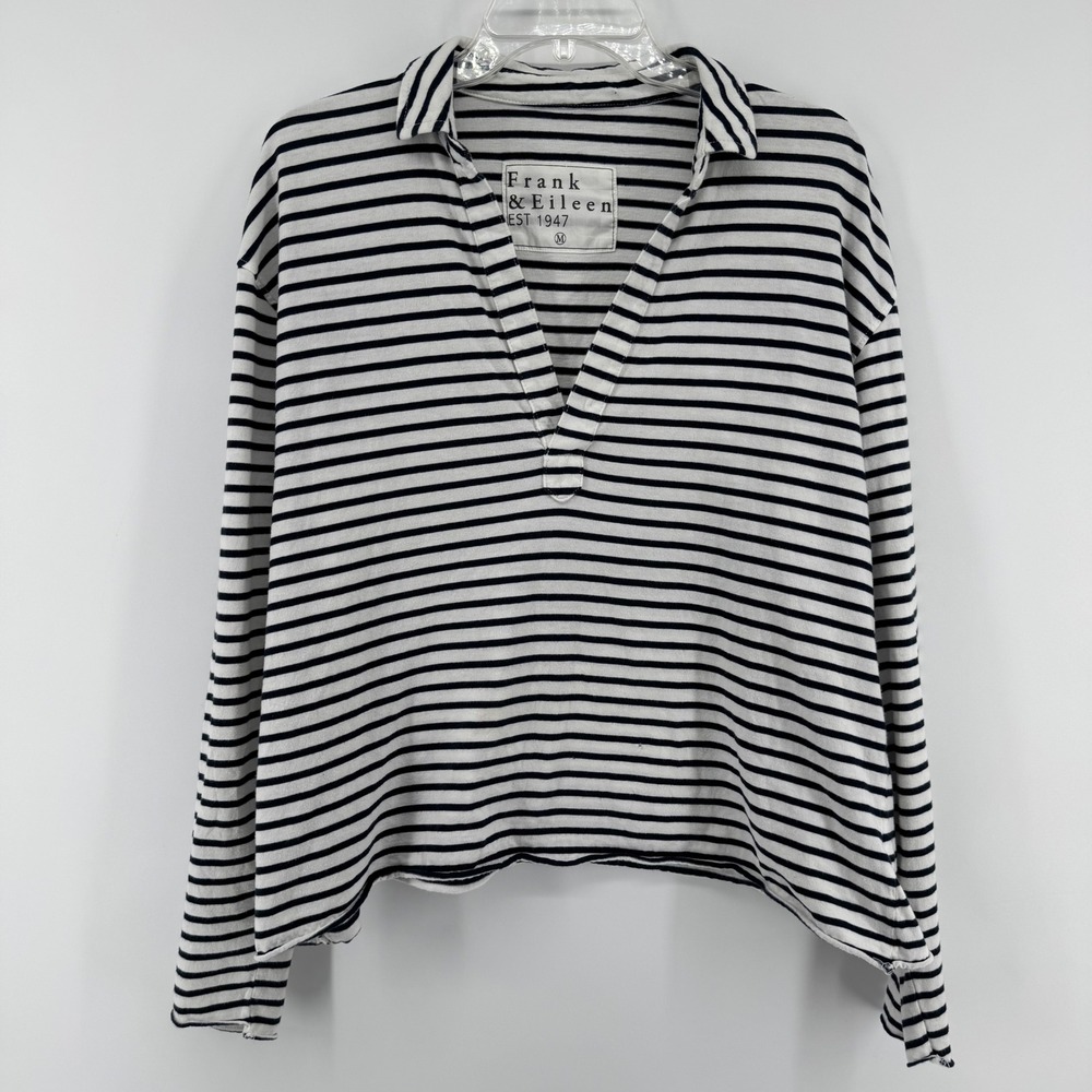 Frank & Eileen Patrick Popover Henley Top Women M Navy Blue White Striped V-Neck